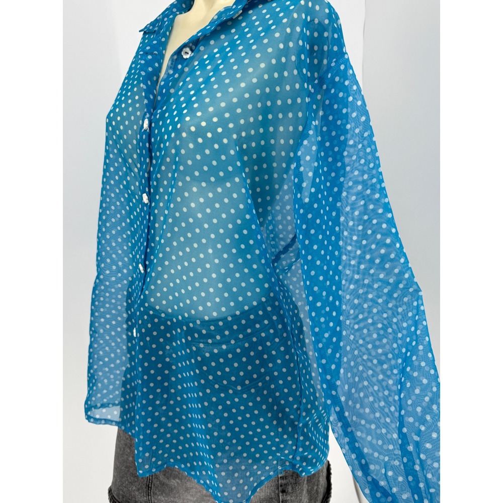 Blue Polkadot Chiffon Oversized Button Down Blouse Daisy Buttons XXL